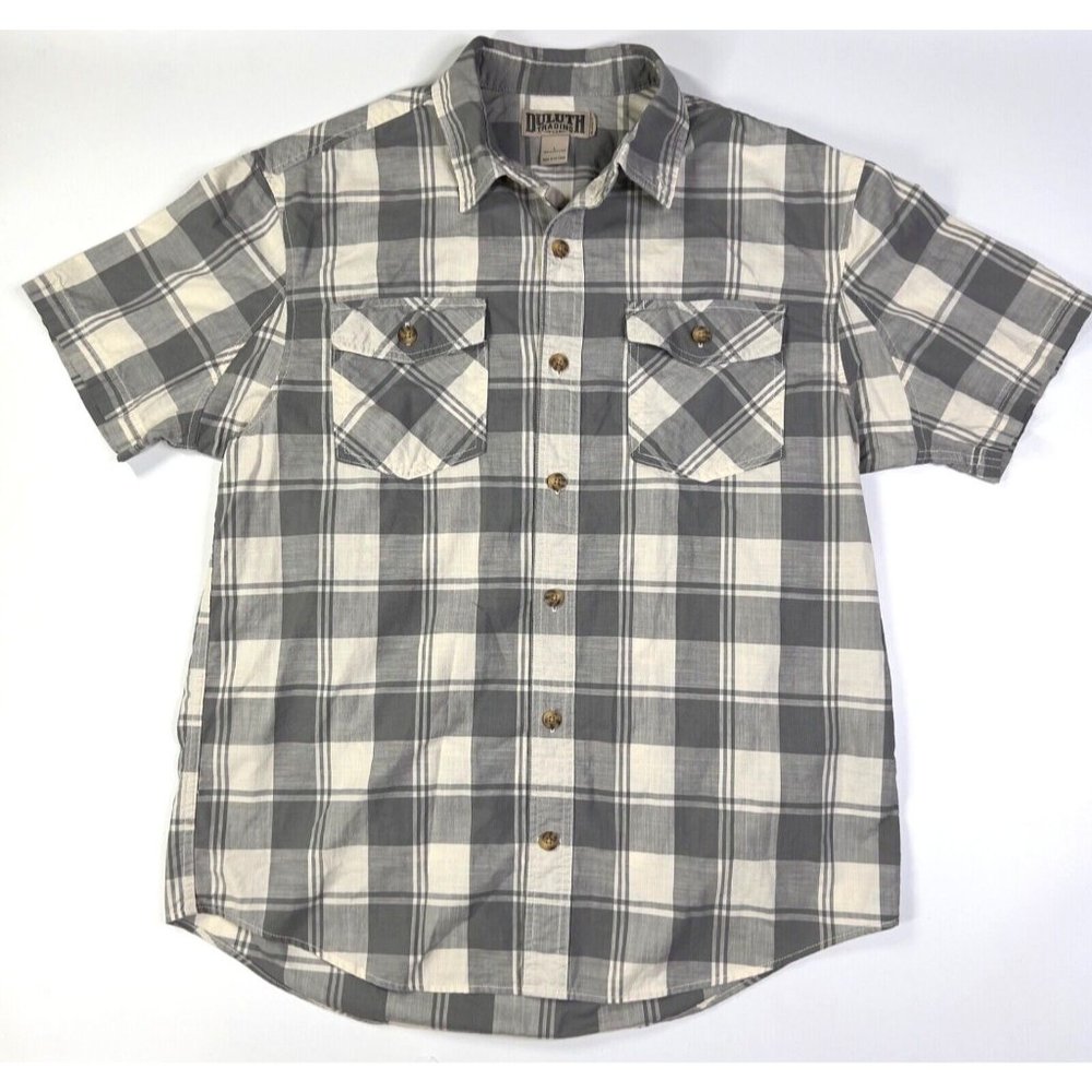 Duluth Trading Free Swingin Relaxed Chambray Mens Sz L Beige Gray Plaid Shirt